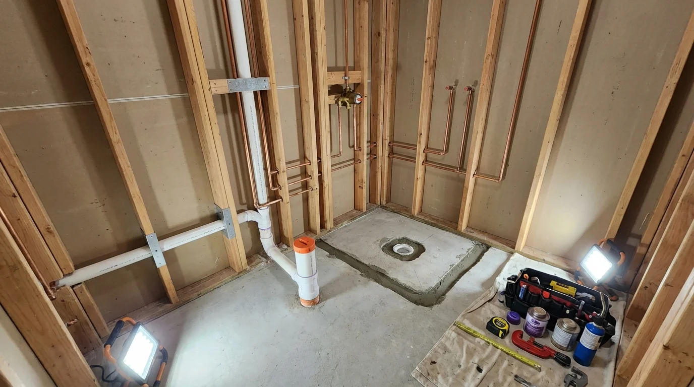 Bathroom rough-in plumbing during remodel by Johns Plumbing LLC in Pioneer