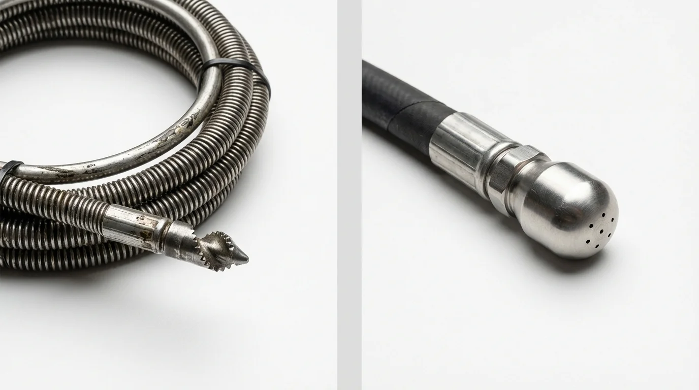 Drain snake cable and hydro jetting nozzle used for drain cleaning in Pioneer, OH
