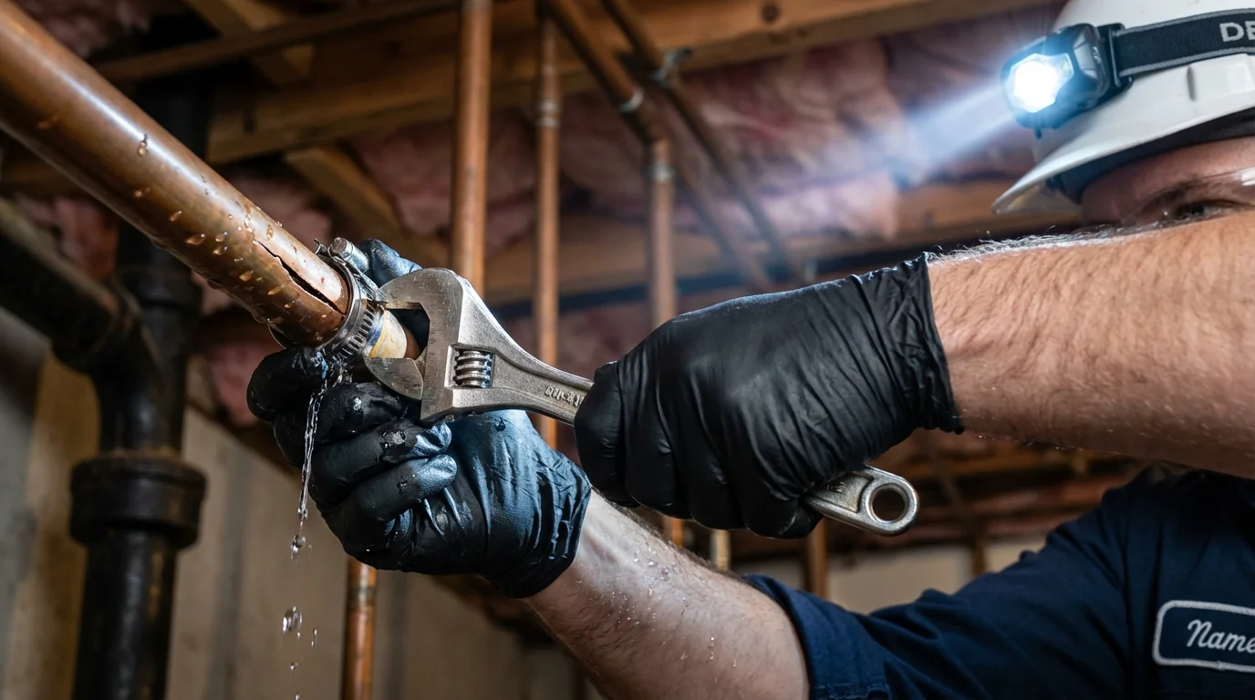 Emergency pipe clamp repair being performed by a Johns Plumbing LLC plumber in Pioneer