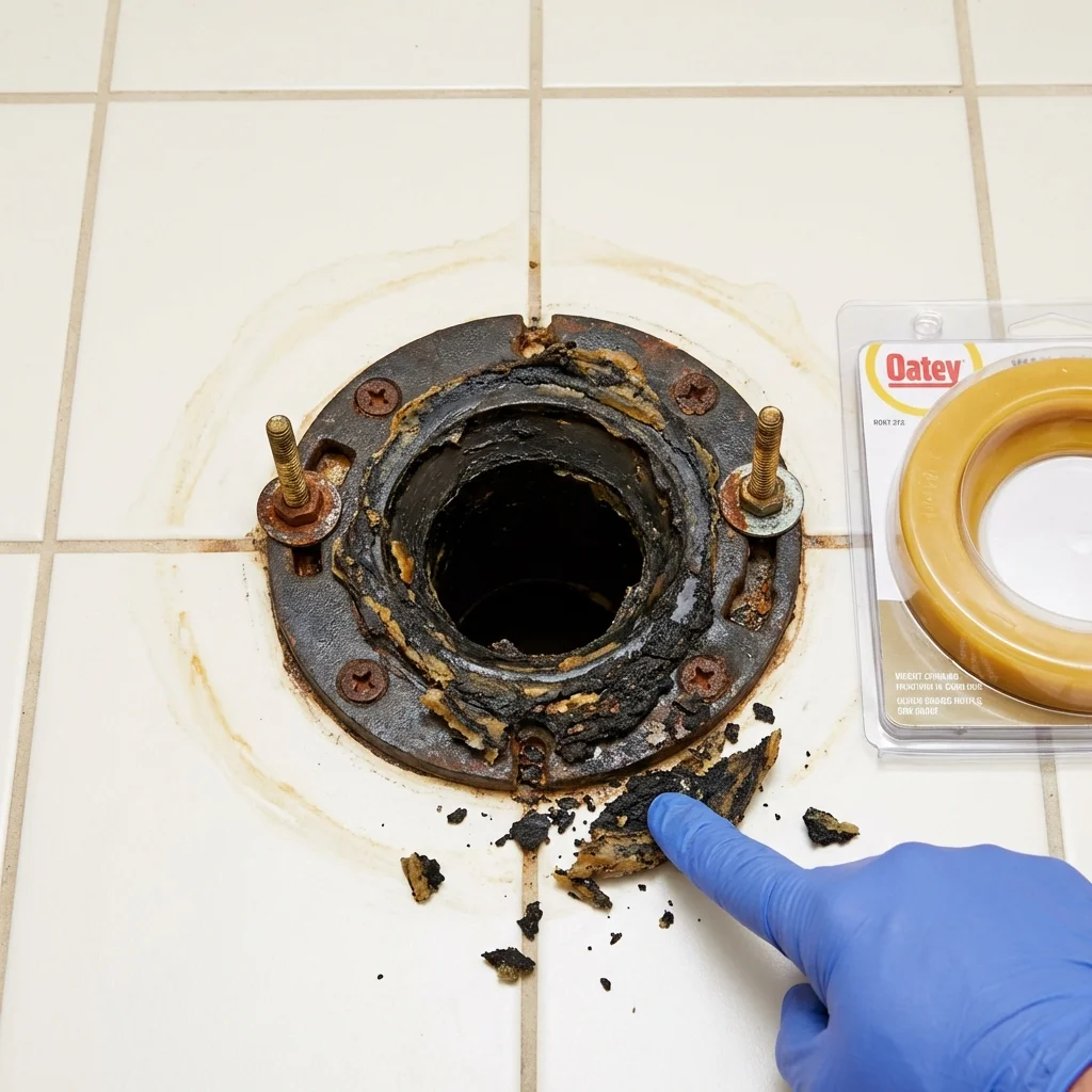Failed wax ring showing water seepage at the base of a toilet in a Pioneer, OH home