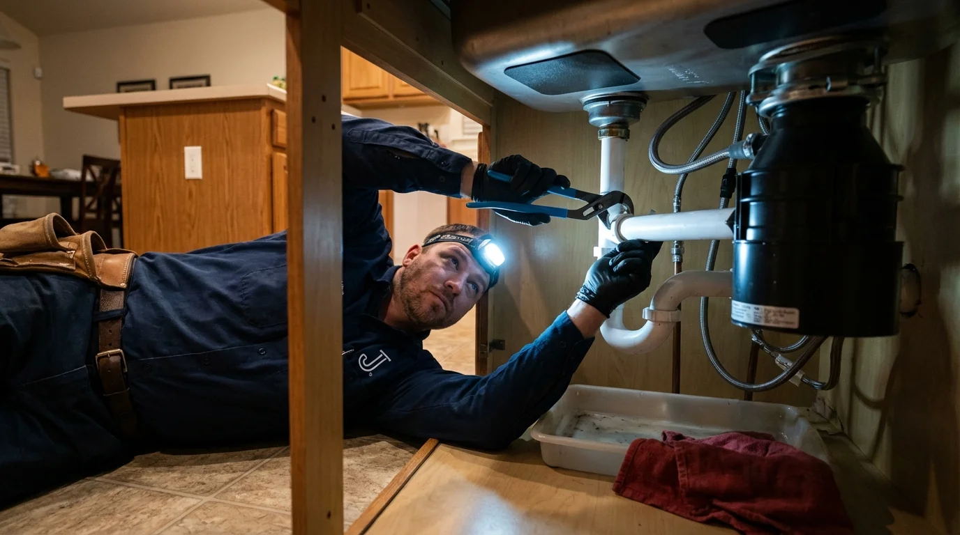 P-trap and supply line connections under a kitchen sink showing a common leak point in Pioneer, OH